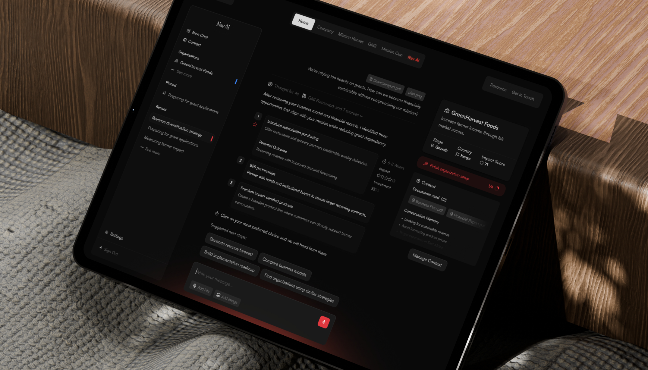 GMI Companion organizational guidance interface on an iPad